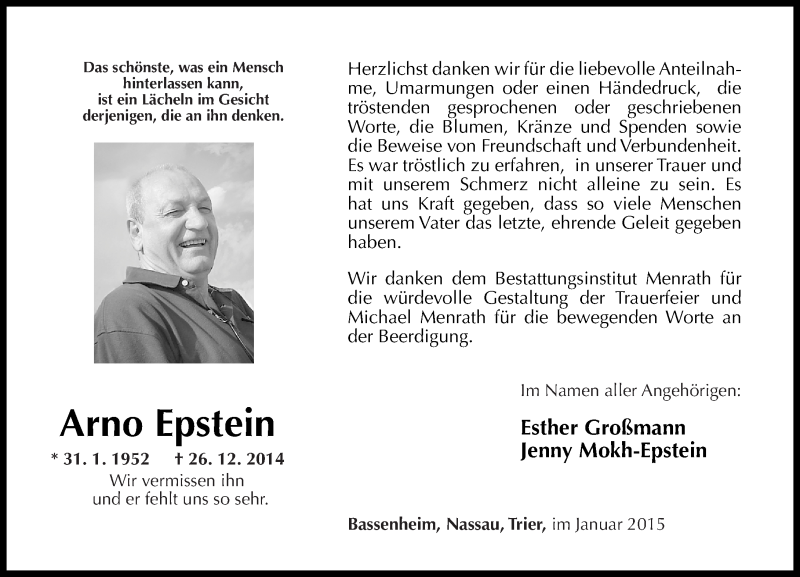  Traueranzeige für Arno Epstein vom 31.01.2015 aus Rhein-Zeitung