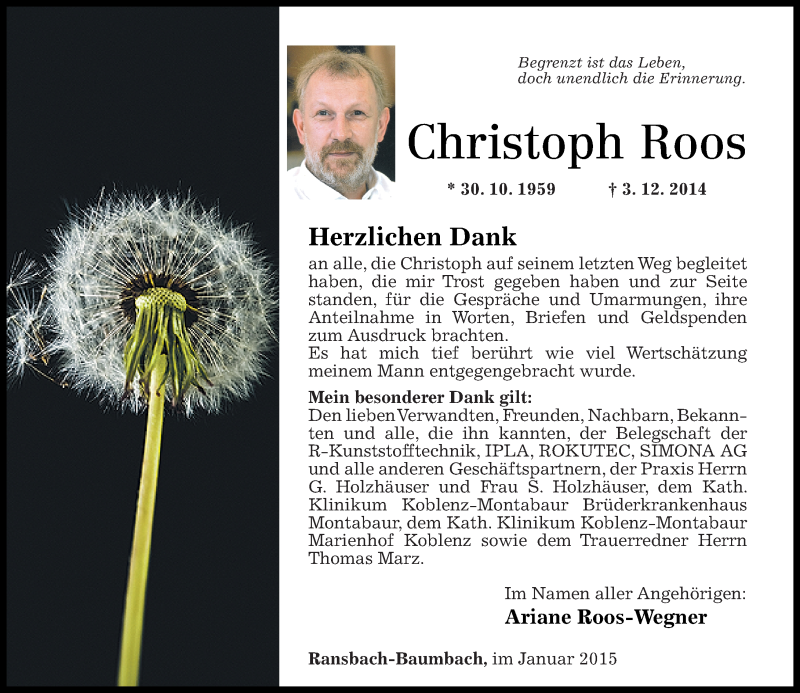  Traueranzeige für Christoph Roos vom 17.01.2015 aus Westerwälder Zeitung