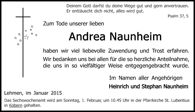  Traueranzeige für Andrea Naunheim vom 17.01.2015 aus Rhein-Zeitung