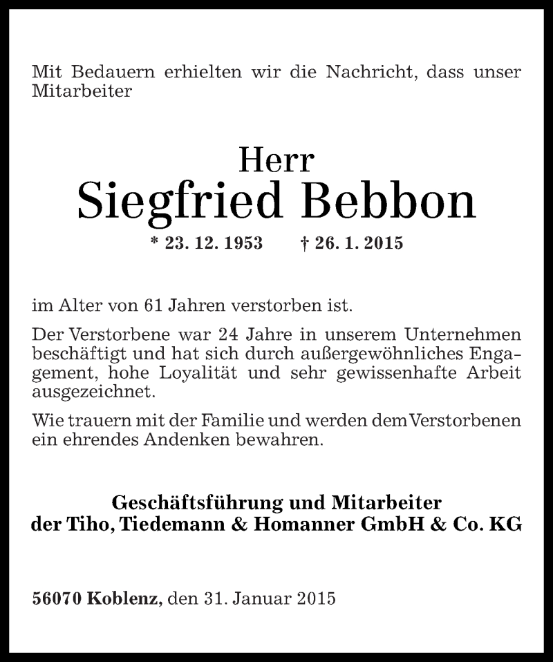  Traueranzeige für Siegfried Bebbon vom 31.01.2015 aus Rhein-Zeitung
