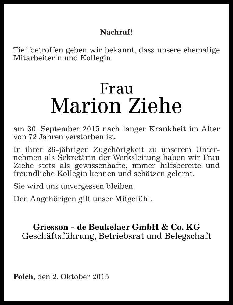  Traueranzeige für Marion Ziehe vom 07.10.2015 aus Rhein-Zeitung