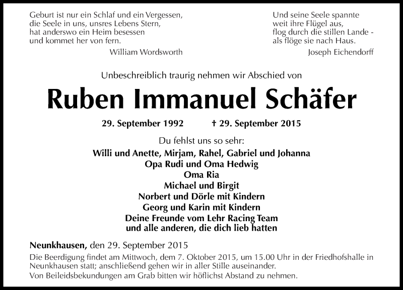  Traueranzeige für Ruben Immanuel Schäfer vom 05.10.2015 aus Westerwälder Zeitung