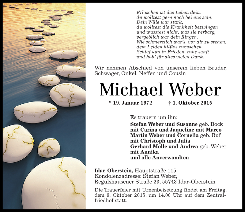  Traueranzeige für Michael Weber vom 06.10.2015 aus Nahe-Zeitung