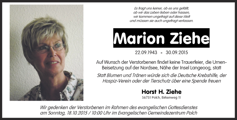  Traueranzeige für Marion Ziehe vom 02.10.2015 aus Rhein-Zeitung