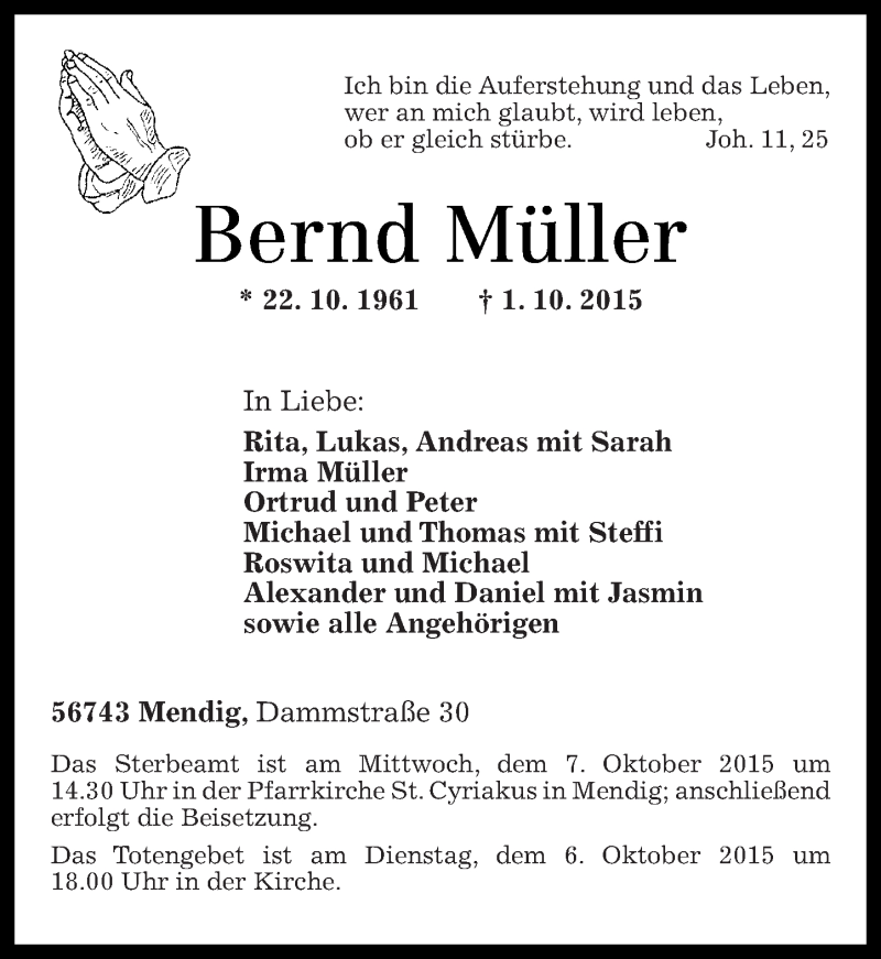  Traueranzeige für Bernd Müller vom 05.10.2015 aus Rhein-Zeitung