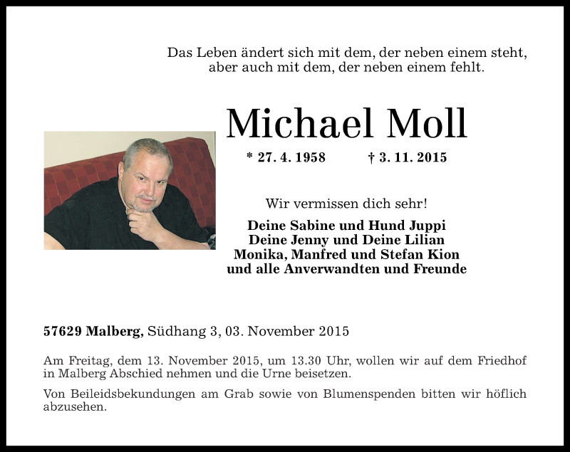  Traueranzeige für Michael Moll vom 10.11.2015 aus Rhein-Zeitung