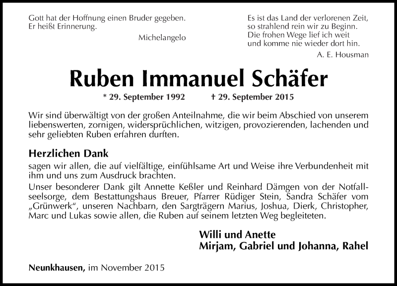  Traueranzeige für Ruben Immanuel Schäfer vom 14.11.2015 aus Westerwälder Zeitung