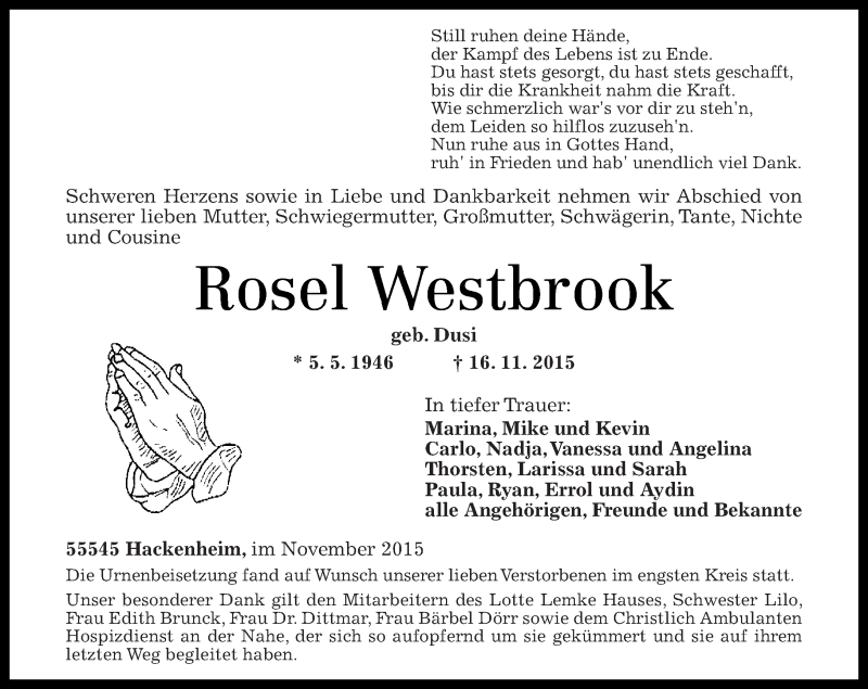  Traueranzeige für Rosel Westbrook vom 28.11.2015 aus Oeffentlicher Anzeiger