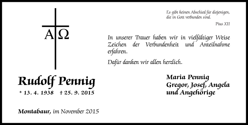  Traueranzeige für Rudolf Pennig vom 21.11.2015 aus Westerwälder Zeitung