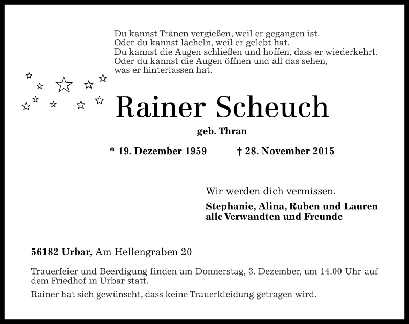  Traueranzeige für Rainer Scheuch vom 01.12.2015 aus Rhein-Zeitung