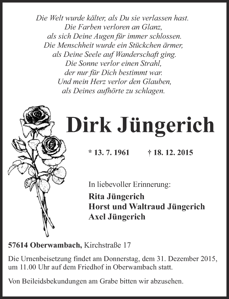  Traueranzeige für Dirk Jüngerich vom 29.12.2015 aus Rhein-Zeitung