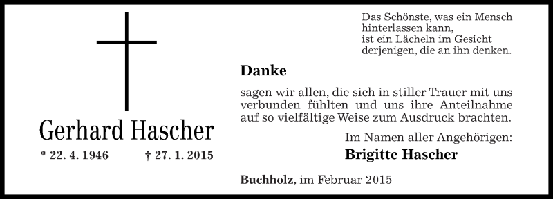  Traueranzeige für Gerhard Hascher vom 14.02.2015 aus Rhein-Zeitung