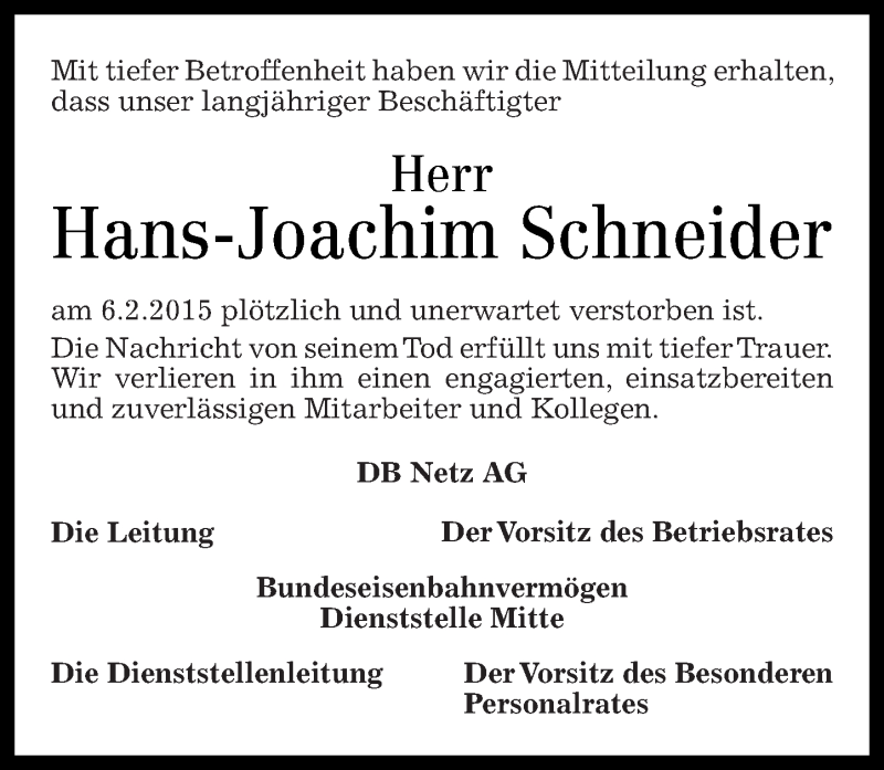  Traueranzeige für Hans-Joachim Schneider vom 11.02.2015 aus Rhein-Zeitung