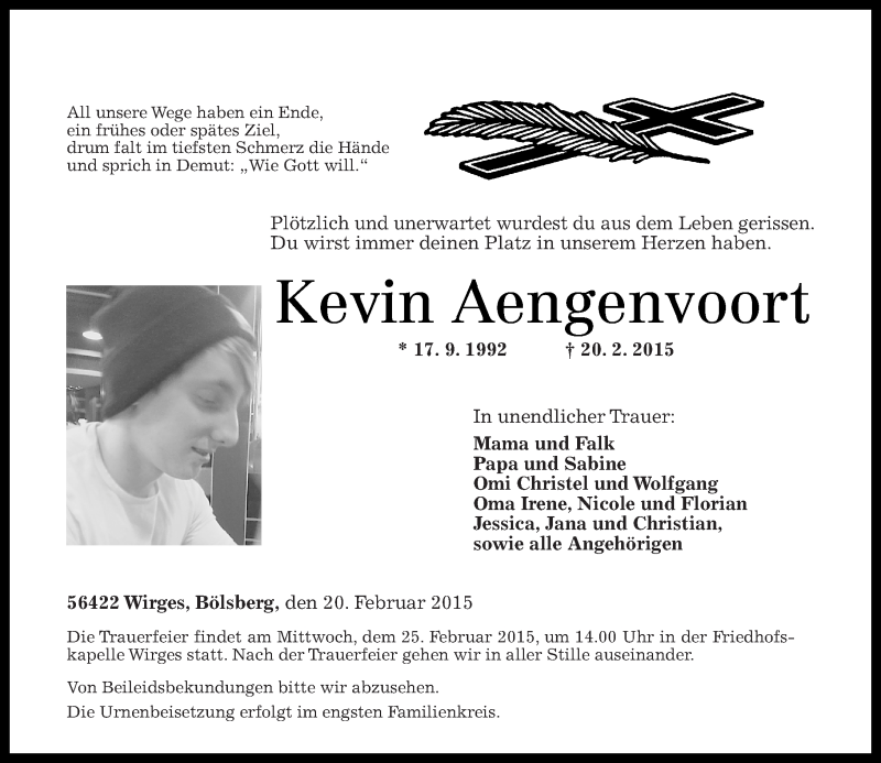  Traueranzeige für Kevin Aengenvoort vom 23.02.2015 aus Westerwälder Zeitung