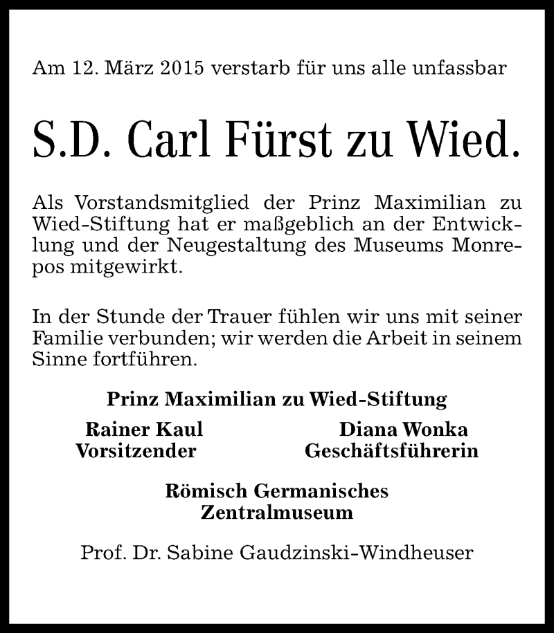  Traueranzeige für Carl  Fürst zu Wied vom 14.03.2015 aus Rhein-Zeitung