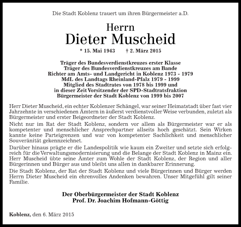  Traueranzeige für Dieter Muscheid vom 06.03.2015 aus Rhein-Zeitung