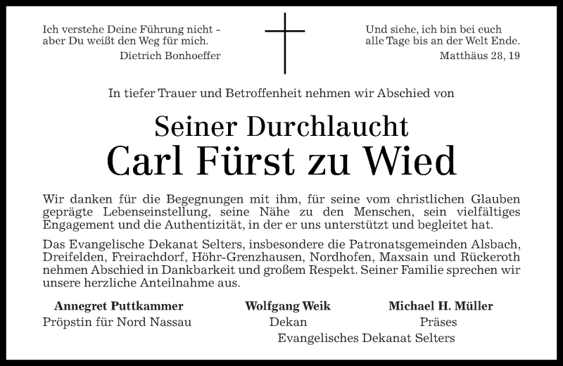  Traueranzeige für Carl  Fürst zu Wied vom 18.03.2015 aus Rhein-Zeitung
