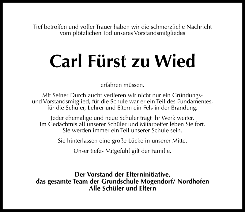  Traueranzeige für Carl  Fürst zu Wied vom 16.03.2015 aus Rhein-Zeitung