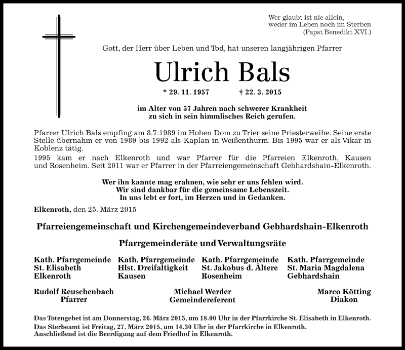  Traueranzeige für Ulrich Bals vom 25.03.2015 aus Rhein-Zeitung