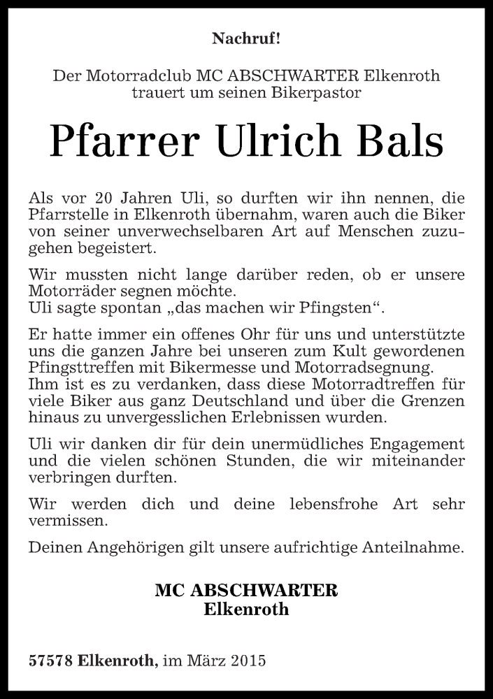  Traueranzeige für Ulrich Bals vom 27.03.2015 aus Rhein-Zeitung
