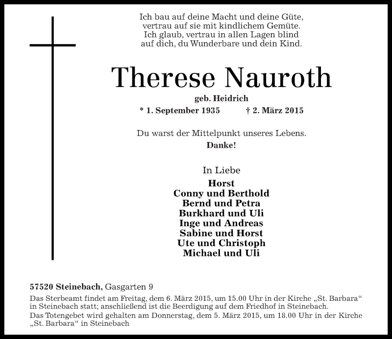  Traueranzeige für Therese Nauroth vom 04.03.2015 aus Rhein-Zeitung