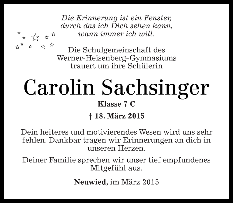  Traueranzeige für Carolin Sachsinger vom 21.03.2015 aus Rhein-Zeitung