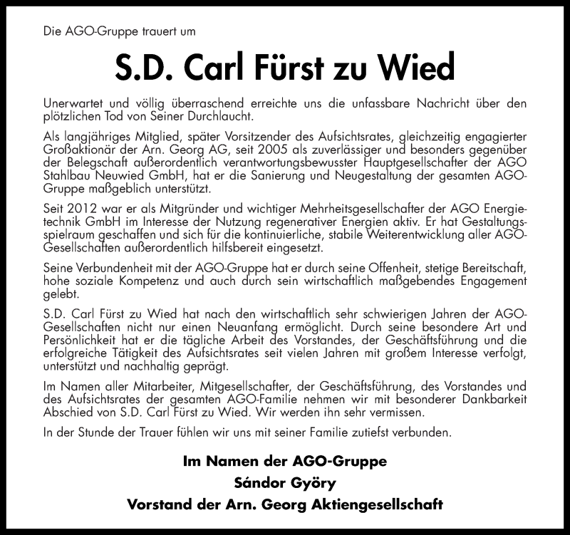  Traueranzeige für Carl  Fürst zu Wied vom 18.03.2015 aus Rhein-Zeitung