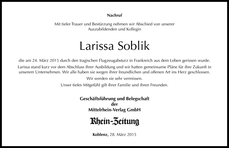  Traueranzeige für Larissa Soblik vom 28.03.2015 aus Rhein-Zeitung
