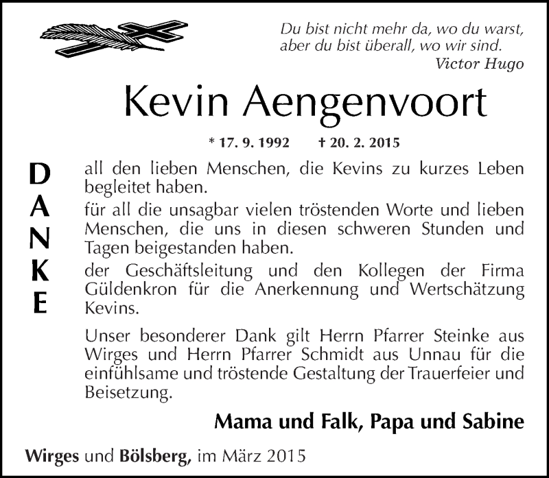  Traueranzeige für Kevin Aengenvoort vom 25.03.2015 aus Westerwälder Zeitung