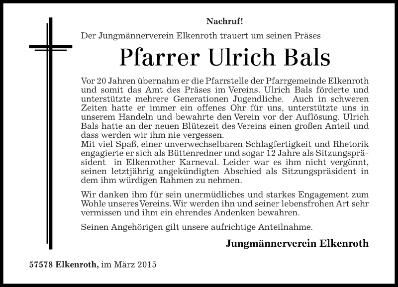  Traueranzeige für Ulrich Bals vom 26.03.2015 aus Rhein-Zeitung