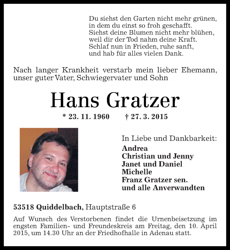  Traueranzeige für Hans Gratzer vom 30.03.2015 aus Rhein-Zeitung