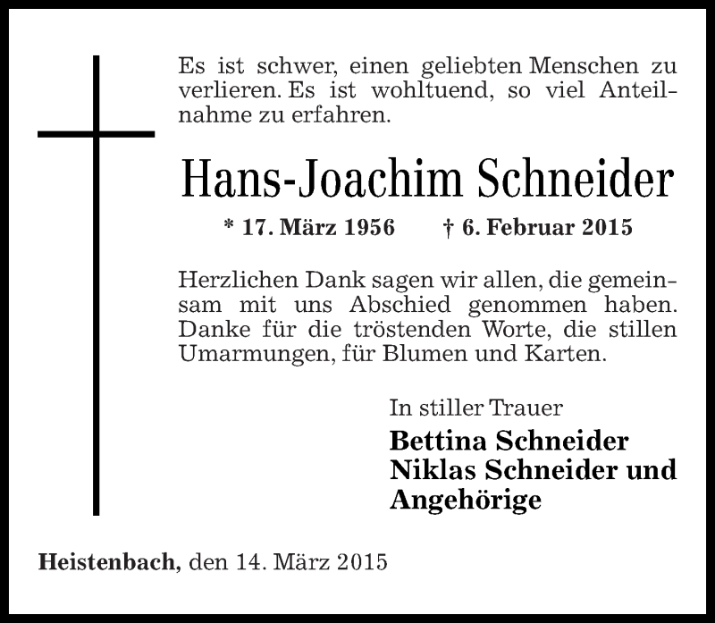  Traueranzeige für Hans-Joachim Schneider vom 14.03.2015 aus Rhein-Lahn-Zeitung