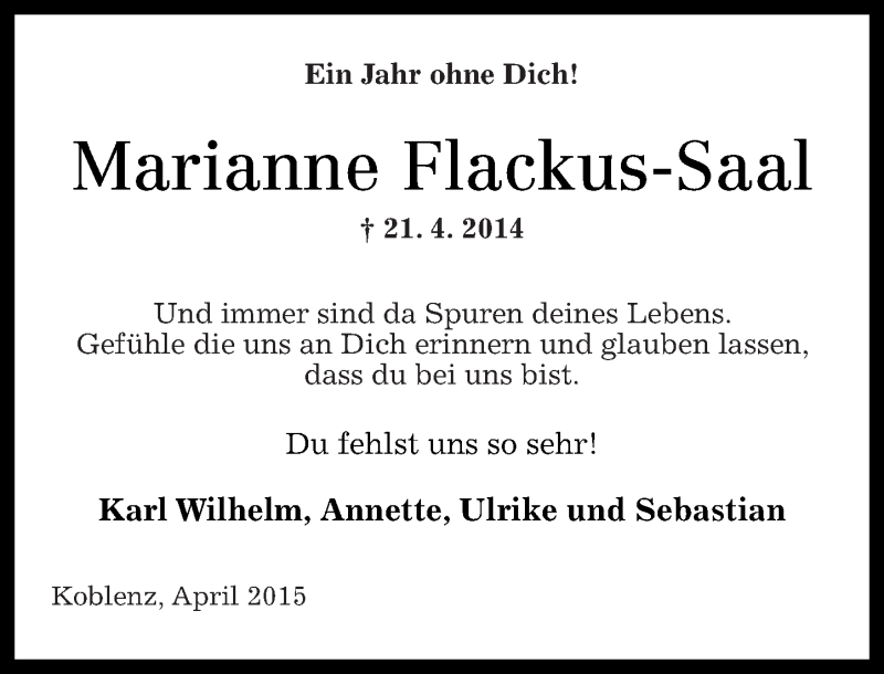  Traueranzeige für Marianne Flackus-Saal vom 21.04.2015 aus Rhein-Zeitung