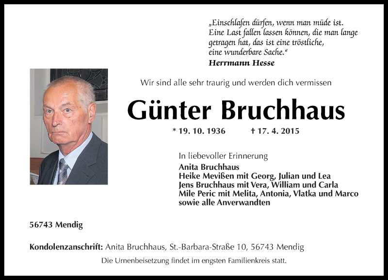  Traueranzeige für Günter Bruchhaus vom 25.04.2015 aus Rhein-Zeitung