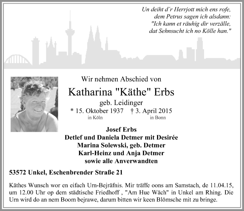  Traueranzeige für Katharina  Erbs vom 08.04.2015 aus Rhein-Zeitung