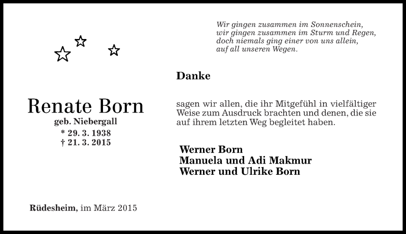  Traueranzeige für Renate Born vom 11.04.2015 aus Oeffentlicher Anzeiger