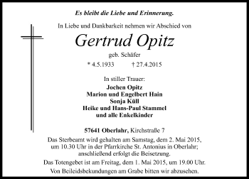 Traueranzeige von Gertrud Opitz von Rhein-Zeitung