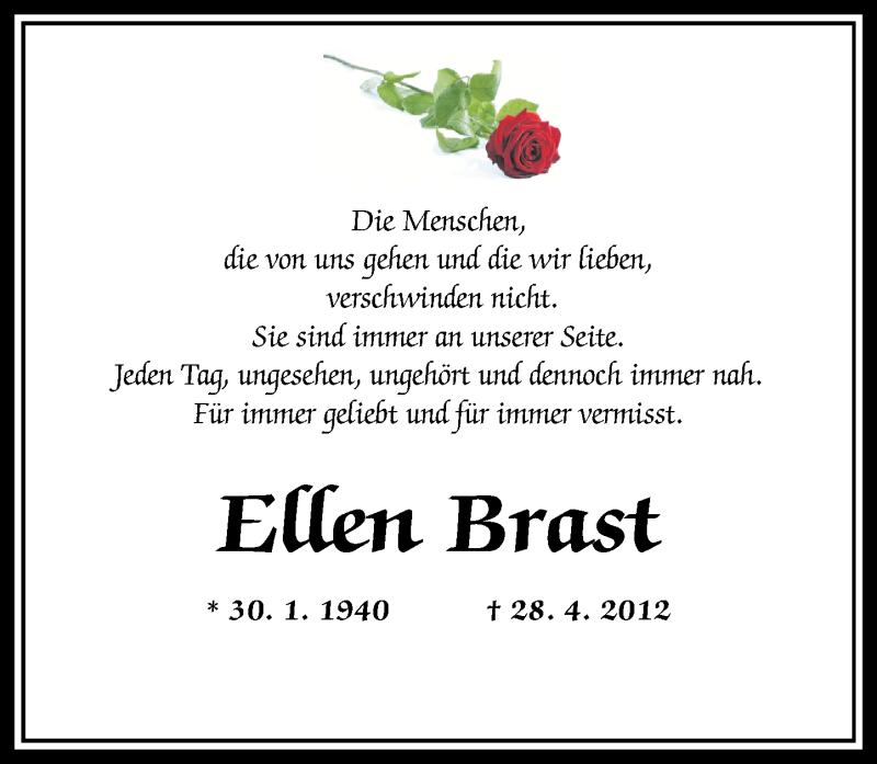  Traueranzeige für Ellen Brast vom 28.04.2015 aus Westerwälder Zeitung