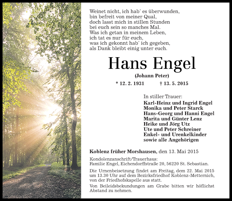  Traueranzeige für Hans Engel vom 16.05.2015 aus Rhein-Zeitung