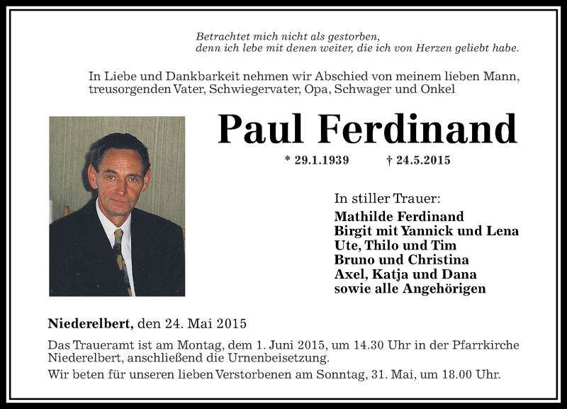  Traueranzeige für Paul Ferdinand vom 29.05.2015 aus Westerwälder Zeitung