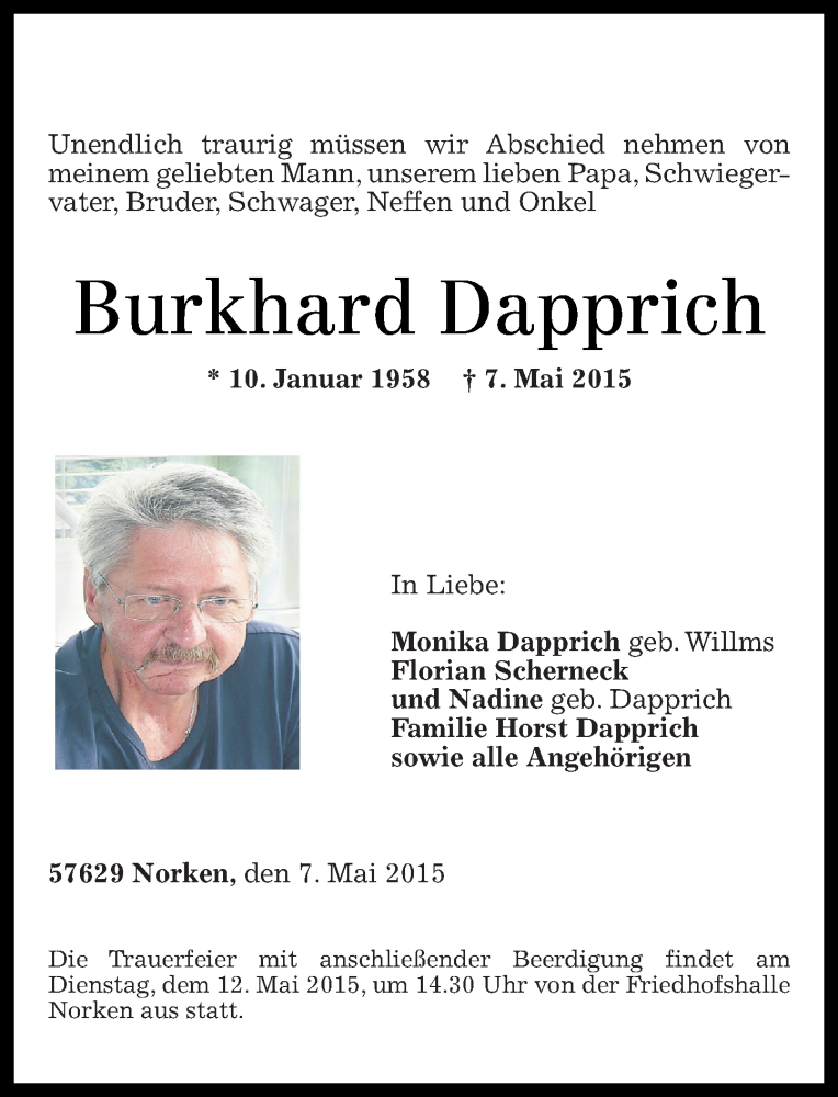  Traueranzeige für Burkhard Dapprich vom 11.05.2015 aus Westerwälder Zeitung