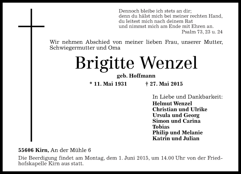 Traueranzeige für Brigitte Wenzel vom 29.05.2015 aus Oeffentlicher Anzeiger