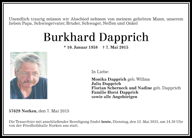  Traueranzeige für Burkhard Dapprich vom 12.05.2015 aus Westerwälder Zeitung