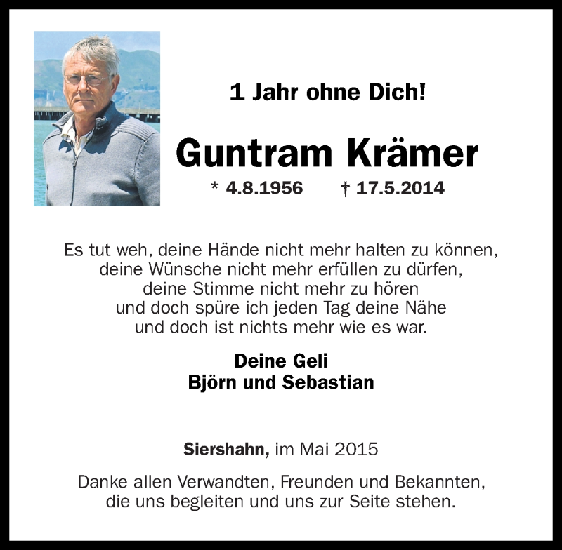  Traueranzeige für Guntram Krämer vom 16.05.2015 aus Westerwälder Zeitung