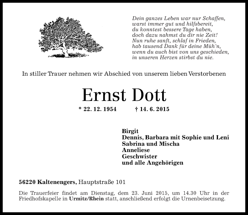  Traueranzeige für Ernst Dott vom 17.06.2015 aus Rhein-Zeitung