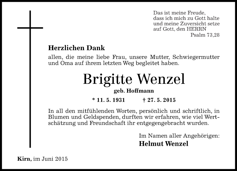  Traueranzeige für Brigitte Wenzel vom 20.06.2015 aus Oeffentlicher Anzeiger