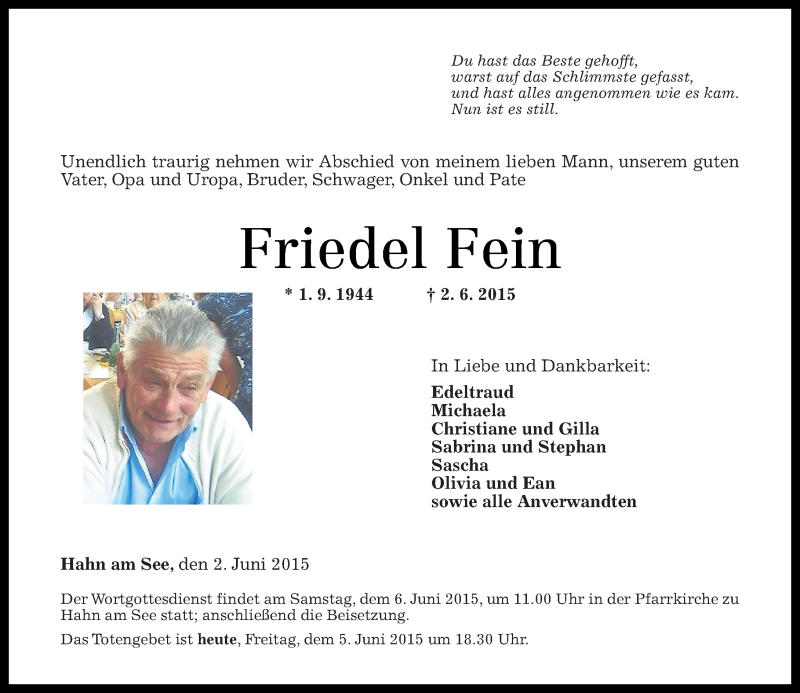  Traueranzeige für Friedel Fein vom 05.06.2015 aus Westerwälder Zeitung