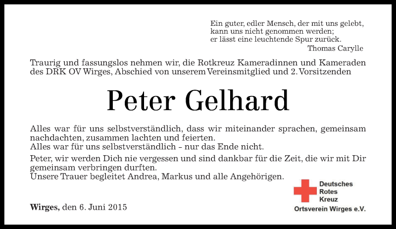  Traueranzeige für Peter Gelhard vom 13.06.2015 aus Westerwälder Zeitung
