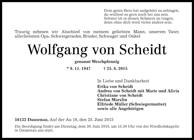  Traueranzeige für Wolfgang von Scheidt vom 27.06.2015 aus Rhein-Zeitung