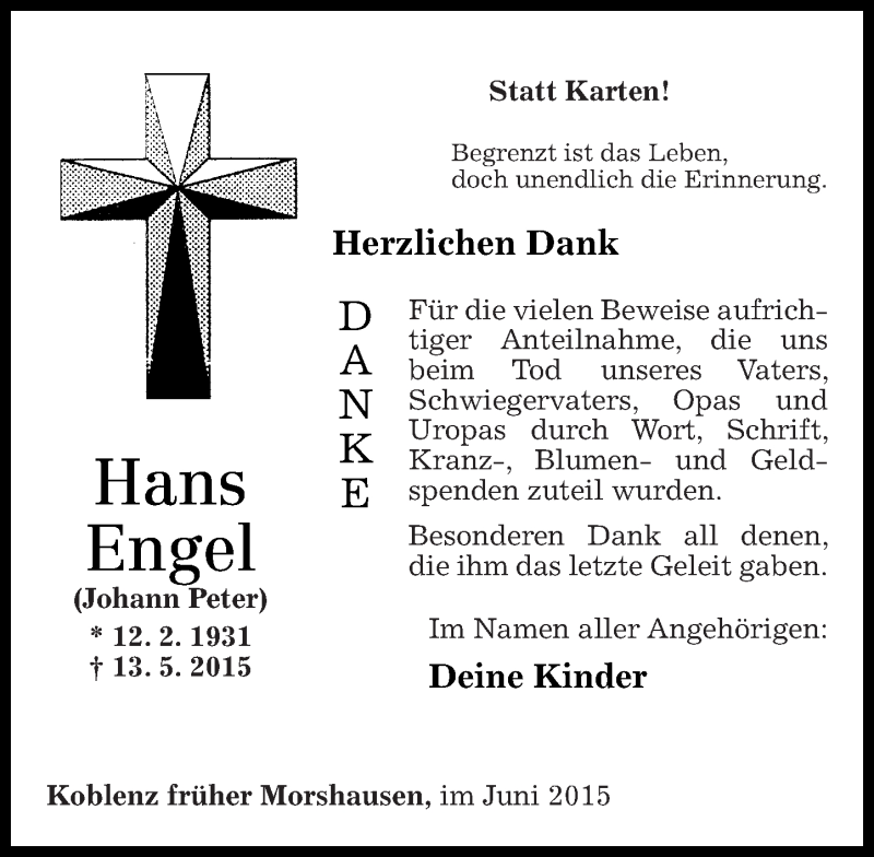  Traueranzeige für Hans Engel vom 27.06.2015 aus Rhein-Zeitung